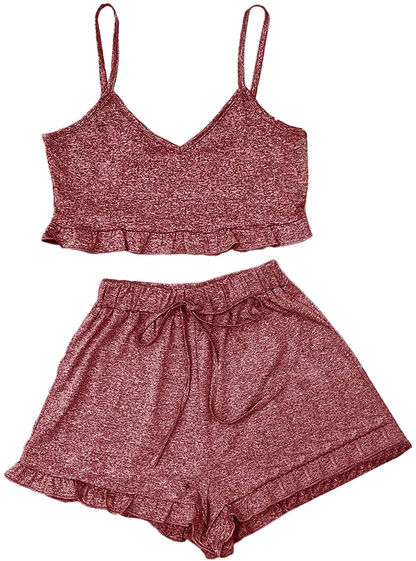 Shein Women'S 2 Pieces V Neck Cami Crop Top and Frill Trim Shorts Pajama Set Outfit Apparel & Accessories > Clothing > Sleepwear & Loungewear Kylie Max   