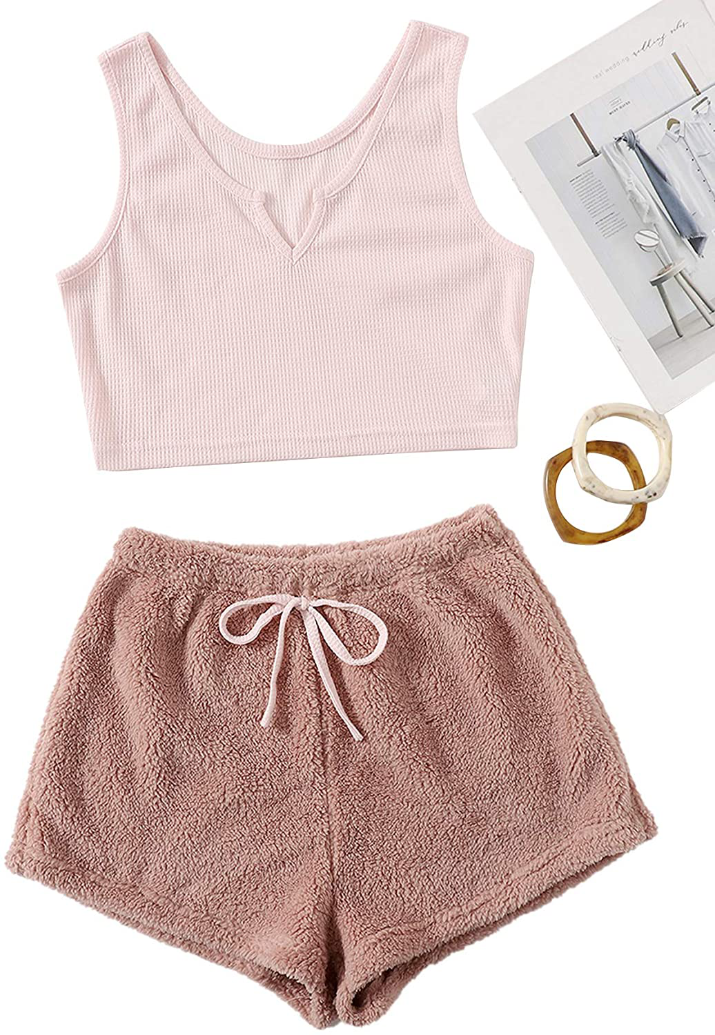 Verdusa Women'S 2 Piece PJ Set Notched Tank Top & Teddy Shorts Fuzzy Lounge Pajama Set Apparel & Accessories > Clothing > Sleepwear & Loungewear Kylie Max   