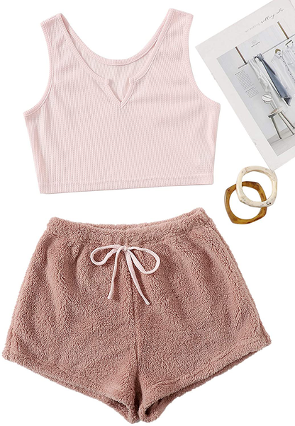 Verdusa Women'S 2 Piece PJ Set Notched Tank Top & Teddy Shorts Fuzzy Lounge Pajama Set Apparel & Accessories > Clothing > Sleepwear & Loungewear Kylie Max   