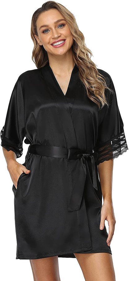 The Bund Women'S Short Robes Lace Bride Bridesmaids Sexy Bathrobe Satin Spa Robe Pure Color Apparel & Accessories > Clothing > Sleepwear & Loungewear > Robes The Bund   