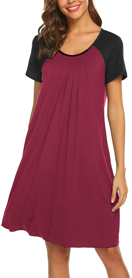 Ekouaer Women'S Nightgown Short Sleeve Sleepwear Comfy Sleep Shirt Pleated Scoopneck Nightshirt S-XXXL Apparel & Accessories > Clothing > Sleepwear & Loungewear > Nightgowns Kylie Max   