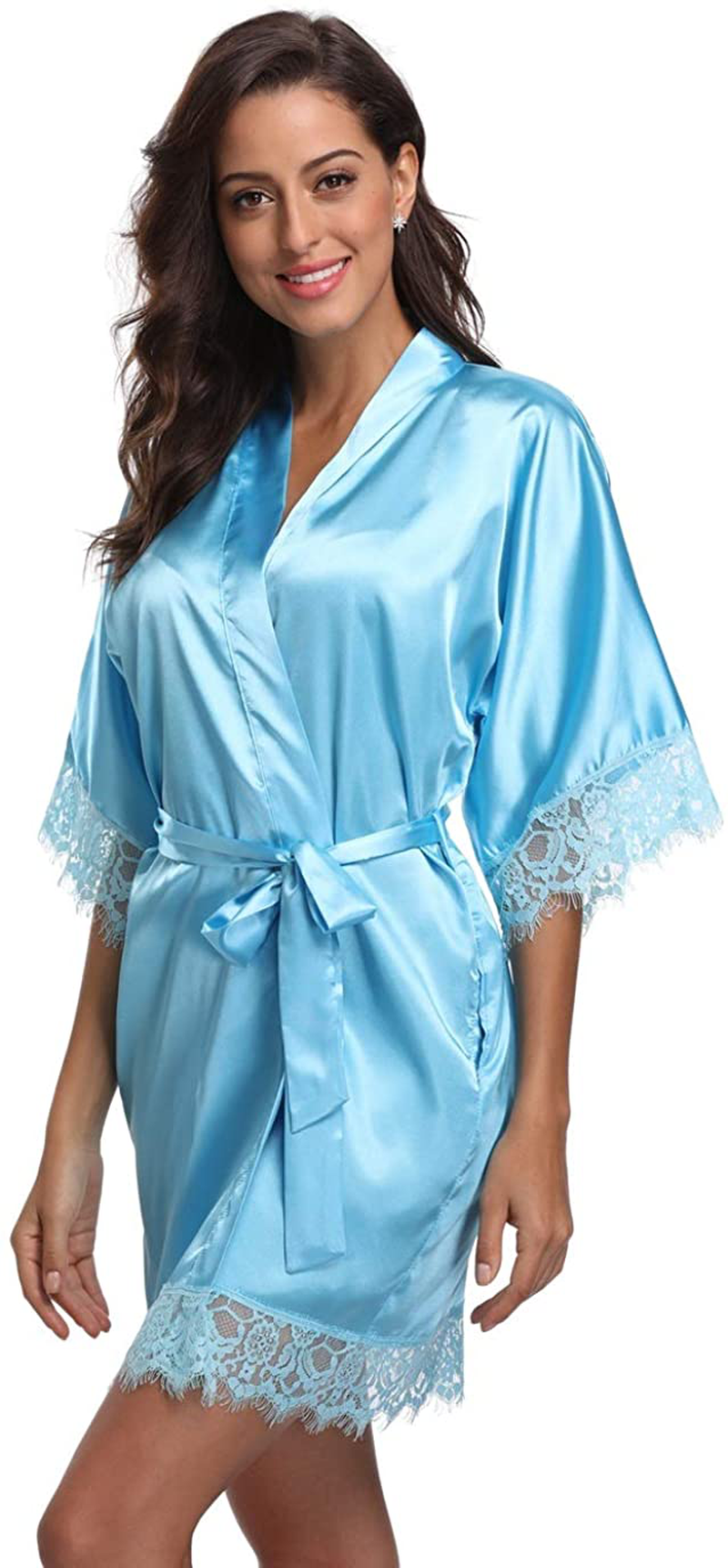 Original Kimono Women'S Lace-Trimmed Satin Short Kimono Robe Bathrobe Loungewear Apparel & Accessories > Clothing > Sleepwear & Loungewear > Robes Original Kimono   