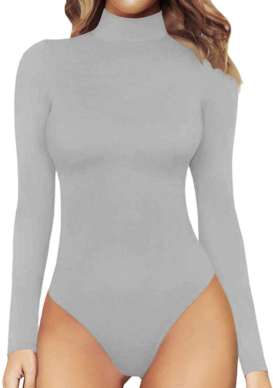 Burband Womens One Piece Playsuits Turtleneck Basic Bodysuit Sunflower High Neck Long Sleeve Slim Fit Leotard Rompers Apparel & Accessories > Clothing > Underwear & Socks > Shapewear Burband Gray Large 