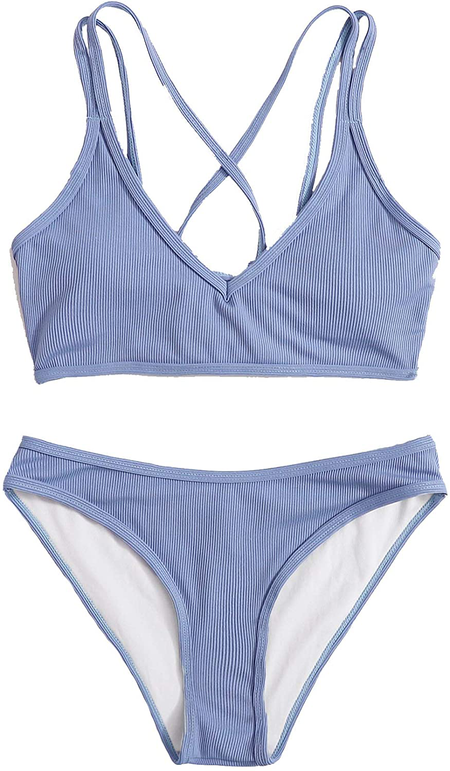 SweatyRocks Women's Bathing Suits Spaghetti Strap Criss Cross Back Bikini Ribbed Swimsuit Apparel & Accessories > Clothing > Swimwear SweatyRocks Light Blue Small 