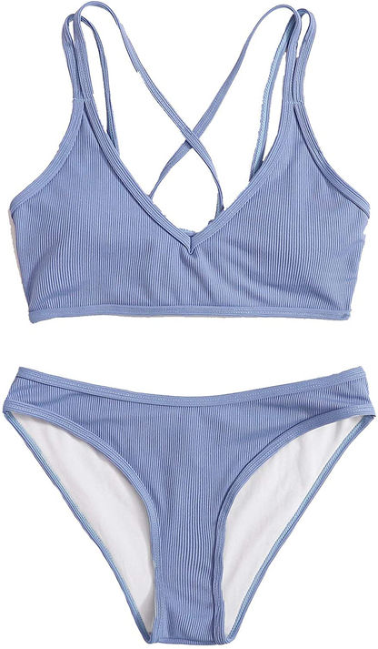 SweatyRocks Women's Bathing Suits Spaghetti Strap Criss Cross Back Bikini Ribbed Swimsuit Apparel & Accessories > Clothing > Swimwear SweatyRocks Light Blue Small 
