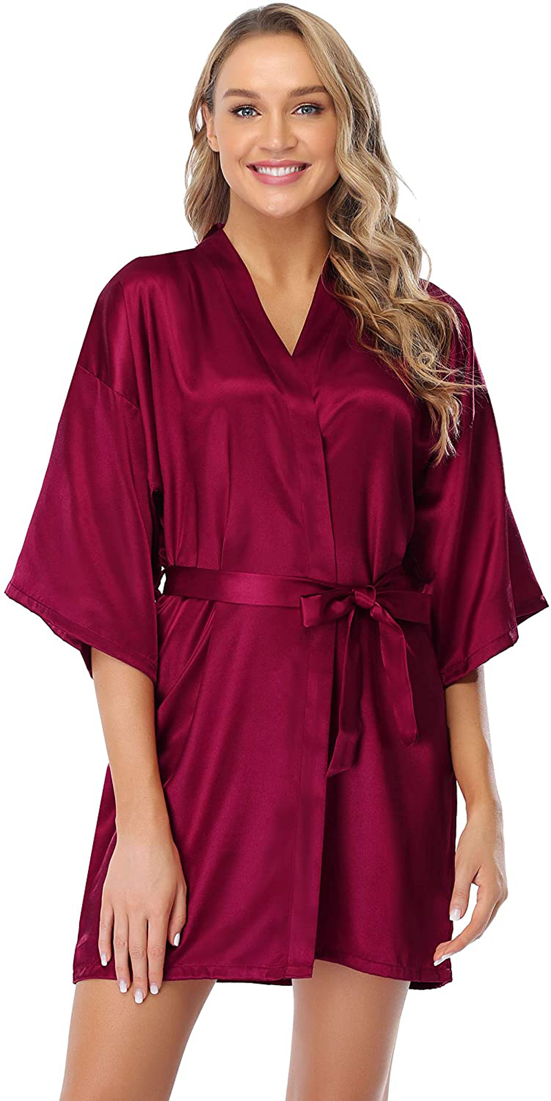 Vlazom Women'S Kimono Robes Short Satin Pure Color Bridal Party Robe with Oblique V-Neck Apparel & Accessories > Clothing > Sleepwear & Loungewear > Robes KYLIE MAX Purplish Red XX-Large 
