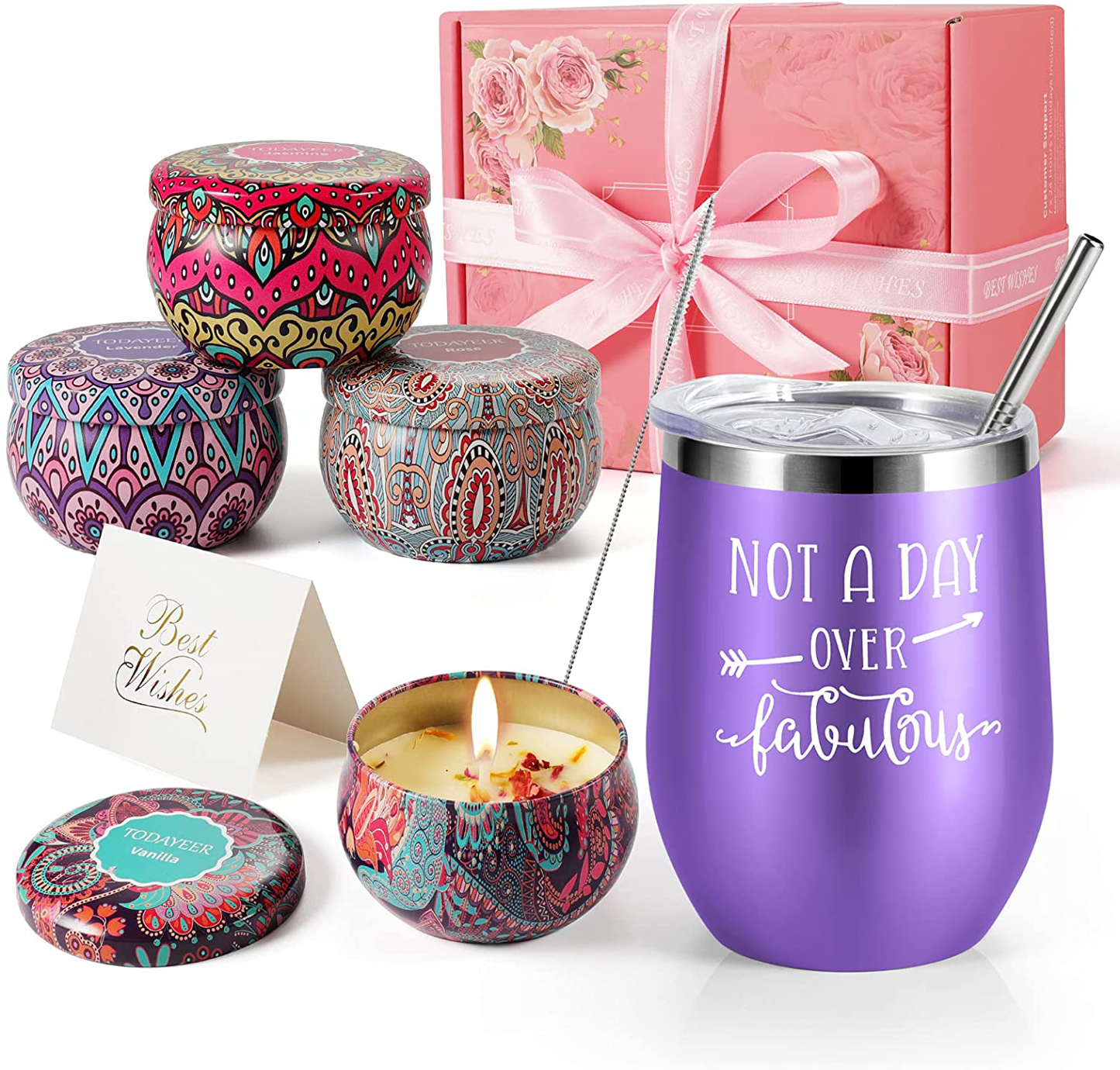 Birthday Gifts for Women - Insulated Wine Tumbler Rose Gold and Candles 4 Pack Gift Bath Set Gifts for Women - Stainless Steel Wine Tumbler with Lid - Best Relaxing Spa Gift Box Basket Present Arts & Entertainment > Party & Celebration > Gift Giving TODAYEER Purple  