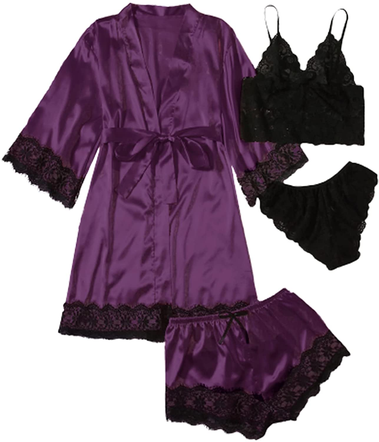 WDIRARA Women'S 4 Pieces Satin Floral Lace Cami Top Lingerie Pajama Set with Robe Apparel & Accessories > Clothing > Underwear & Socks > Lingerie WDIRARA Black and Purple Large 