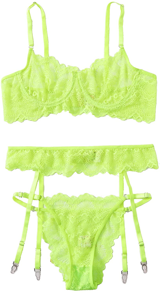 Shein Women'S 3 Piece Floral Lace Lingerie Set with Garter Belts Sexy Bra and Panty Apparel & Accessories > Clothing > Underwear & Socks > Lingerie SheIn Neon Green X-Large 