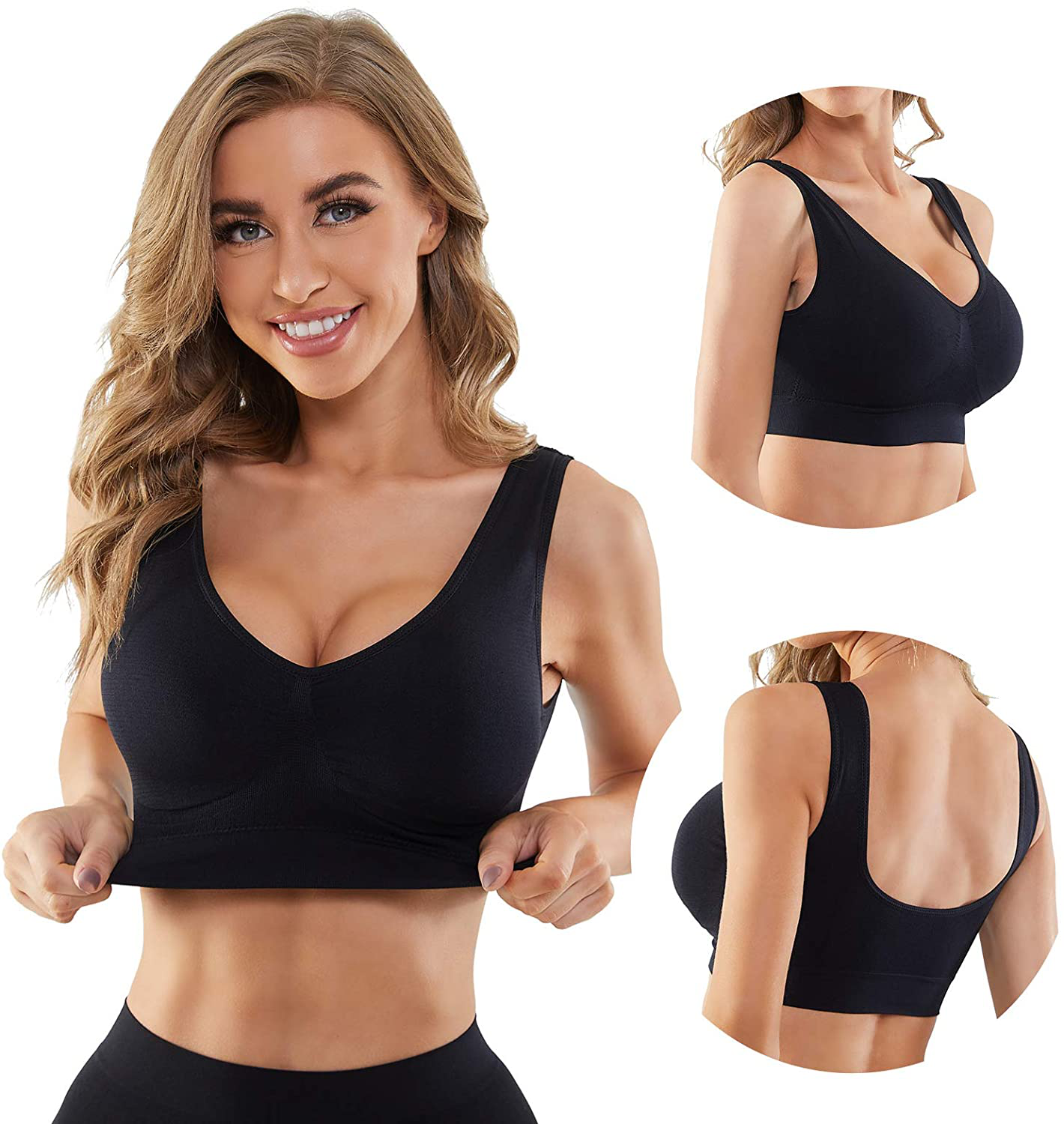 Women'S 3-Pack Seamless Wire-Free Bra Low-Impact Sport Bra Yoga Sleep Daily Bras with Removable Pads Apparel & Accessories > Clothing > Underwear & Socks > Bras Kylie Max   