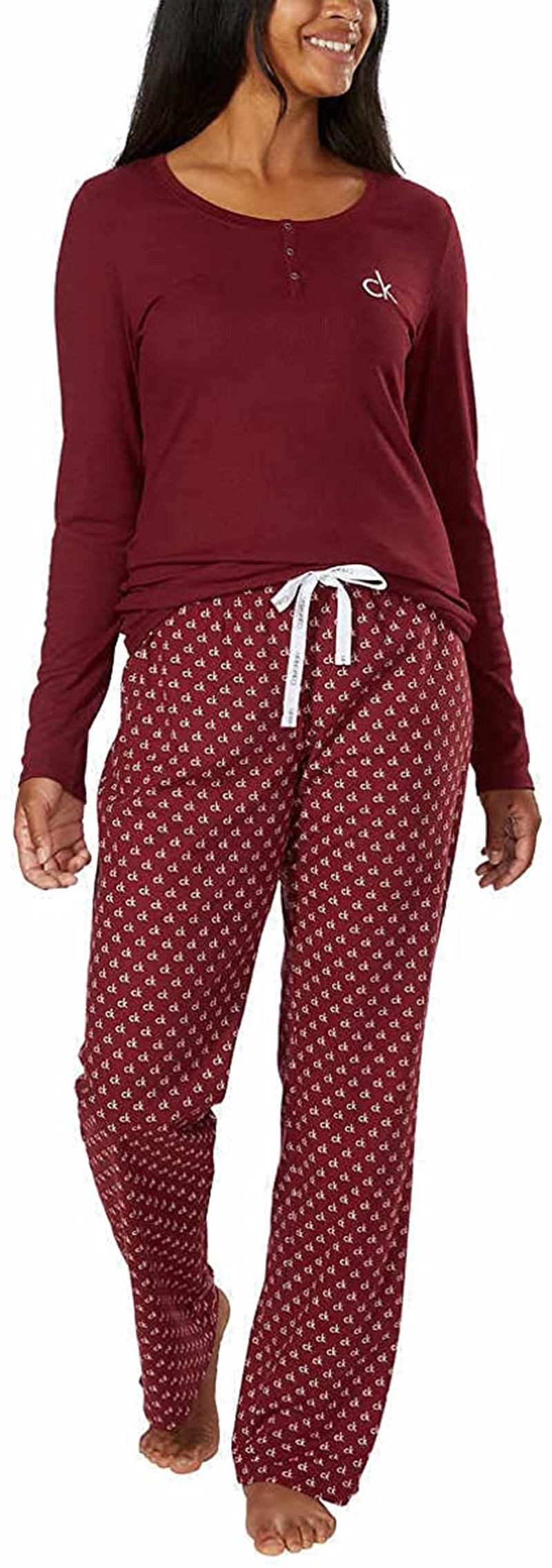 Calvin Klein Womens 2 Piece Fleece Pajama Set Apparel & Accessories > Clothing > Sleepwear & Loungewear > Pajamas Calvin Klein Maroon/Logo Print Small 