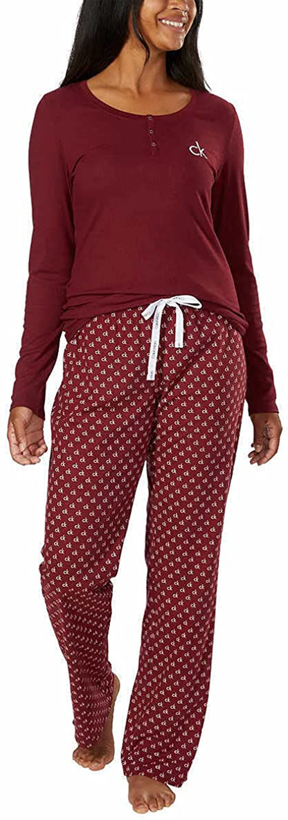 Calvin Klein Womens 2 Piece Fleece Pajama Set Apparel & Accessories > Clothing > Sleepwear & Loungewear > Pajamas Calvin Klein Maroon/Logo Print Small 