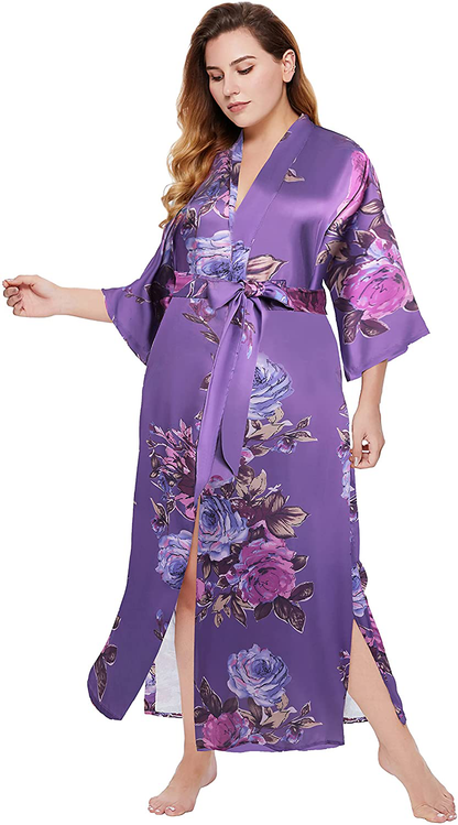 BABEYOND Kimono Robe plus Size Long Floral Satin Robes plus Size Kimono Cover up Loose Cardigan Top Bachelorette Party Robe Apparel & Accessories > Clothing > Sleepwear & Loungewear > Robes KYLIE MAX Purple  