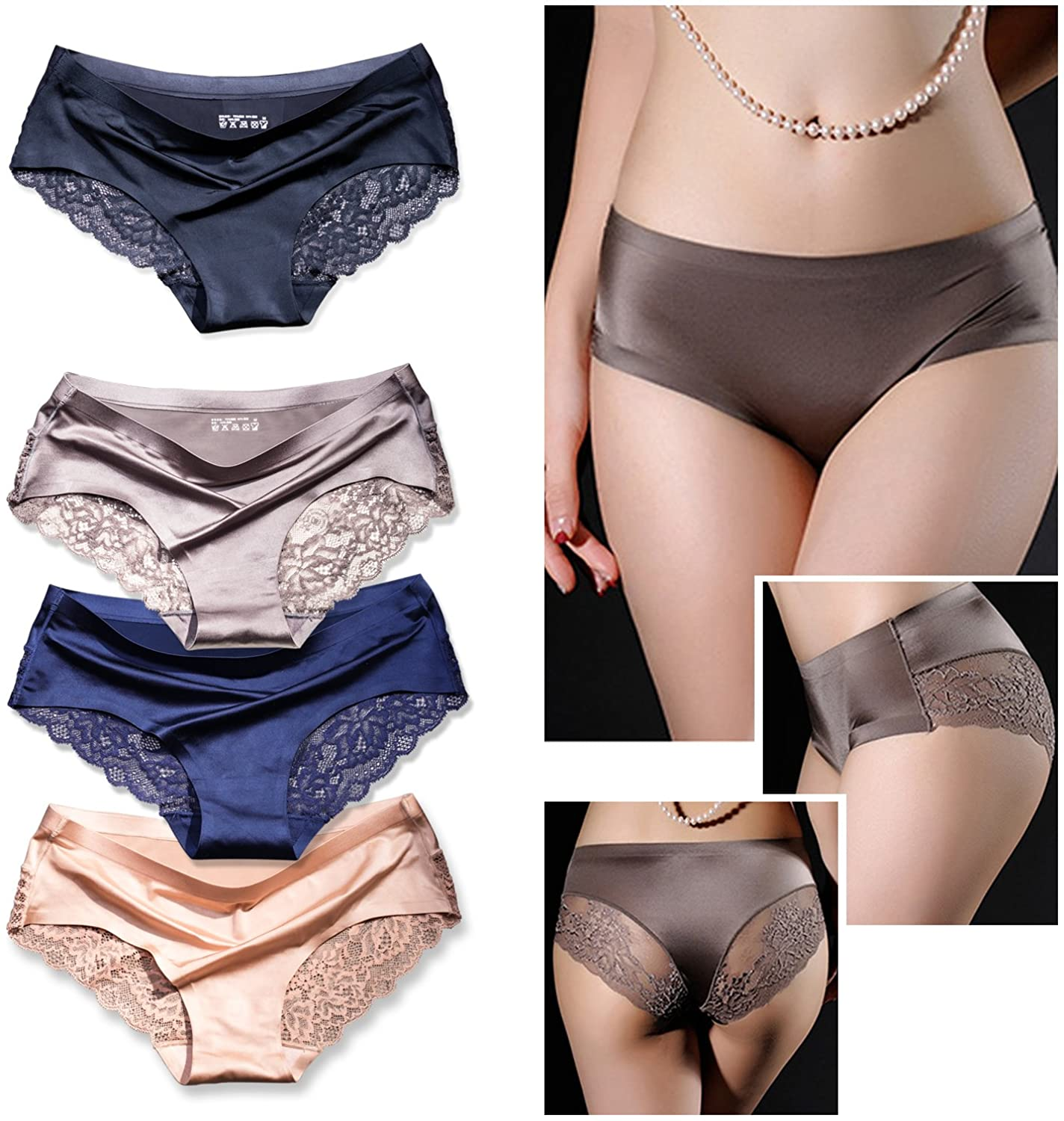 Sexy Lace Underwear for Women Frozen Silk Seamless Panties with Silky Tactile Touch 4 Pack, Assorted Colors S M L XL XXL3XL Apparel & Accessories > Clothing > Underwear & Socks > Underwear ITAYAX   