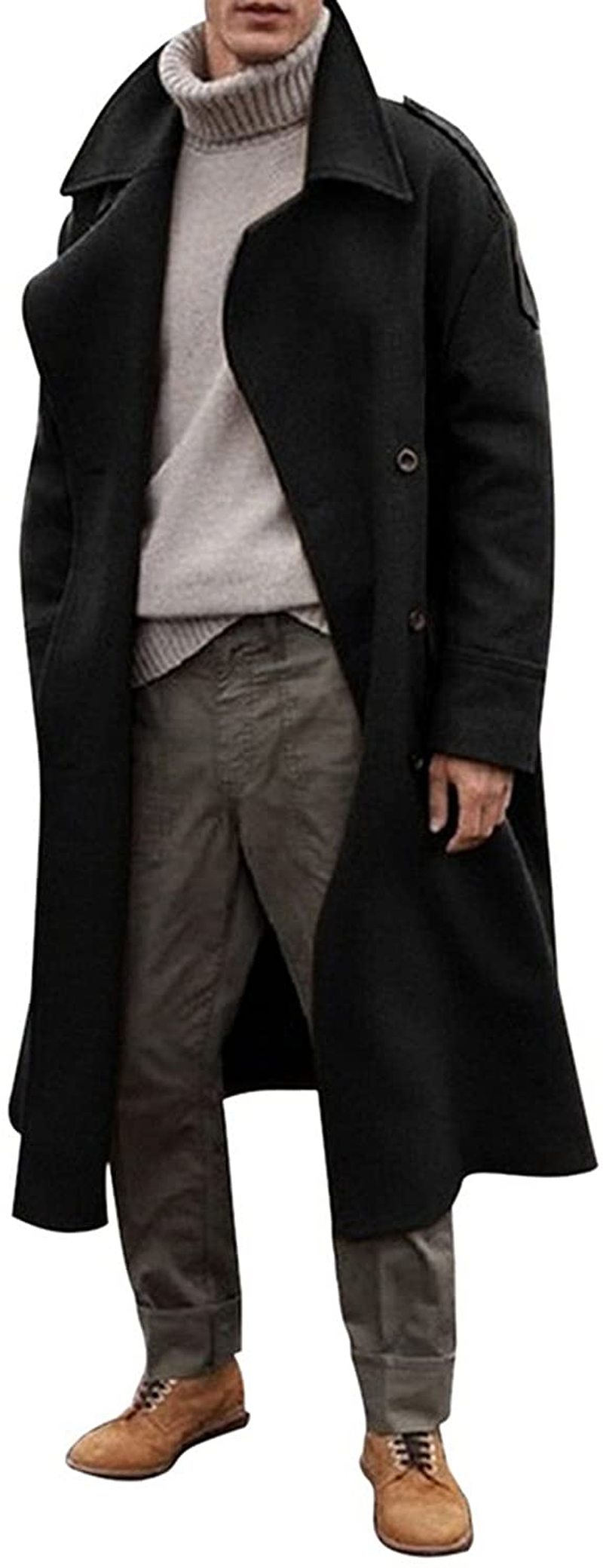 Merthy Mens Winter Warm French Woolen Trench Coats Long Sleeved Turn-Down Collar Double Breasted Business Long Pea Coat Apparel & Accessories > Clothing > Underwear & Socks > Shapewear Merthy Black Large 