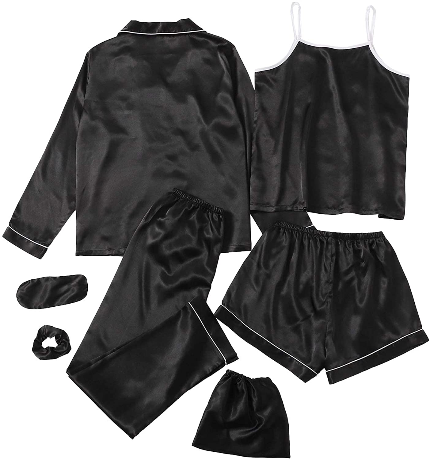 Shein Women'S 7Pcs Printed Cami and Shorts Satin Pajama Set with Shirt and Eye Mask Apparel & Accessories > Clothing > Sleepwear & Loungewear Kylie Max   