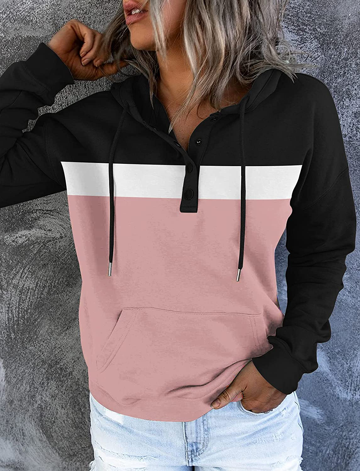Women'S Casual Color Block Hoodies Long Sleeve Tops Button down Drawstring Pullover Sweatshirts with Pocket Apparel & Accessories > Clothing > Activewear Kylie Max   