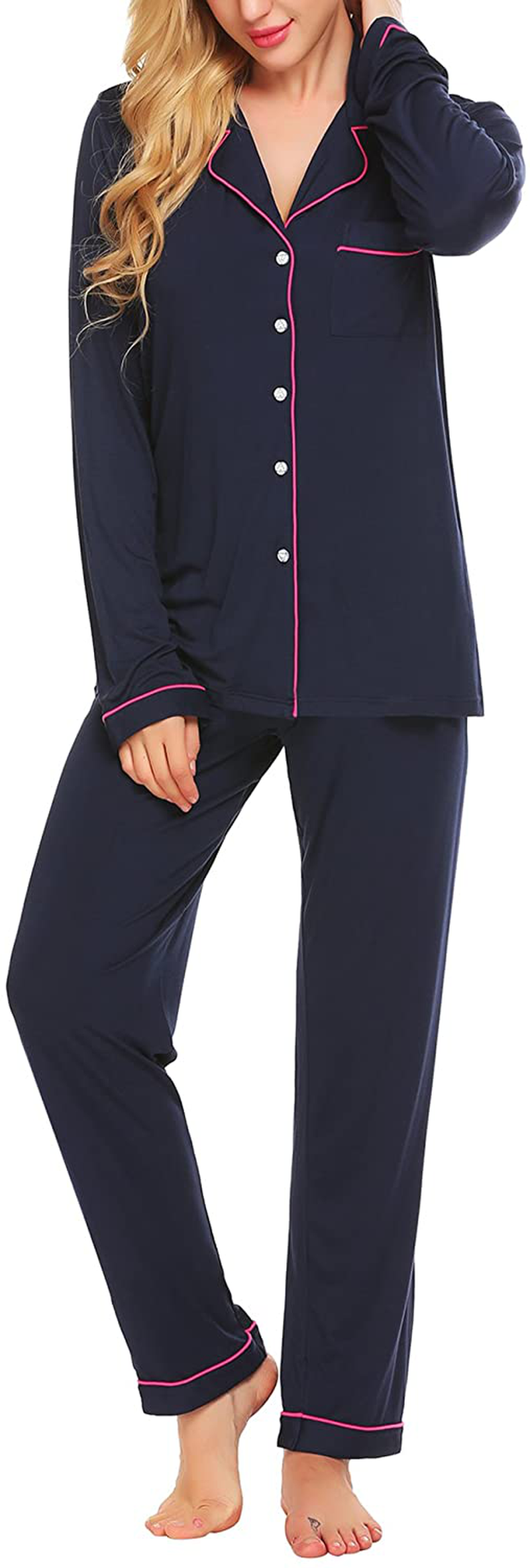 Ekouaer Pajamas Set Long Sleeve Sleepwear Womens Button down Nightwear Soft Pj Lounge Sets XS-XXL Apparel & Accessories > Clothing > Sleepwear & Loungewear > Pajamas Kylie Max   