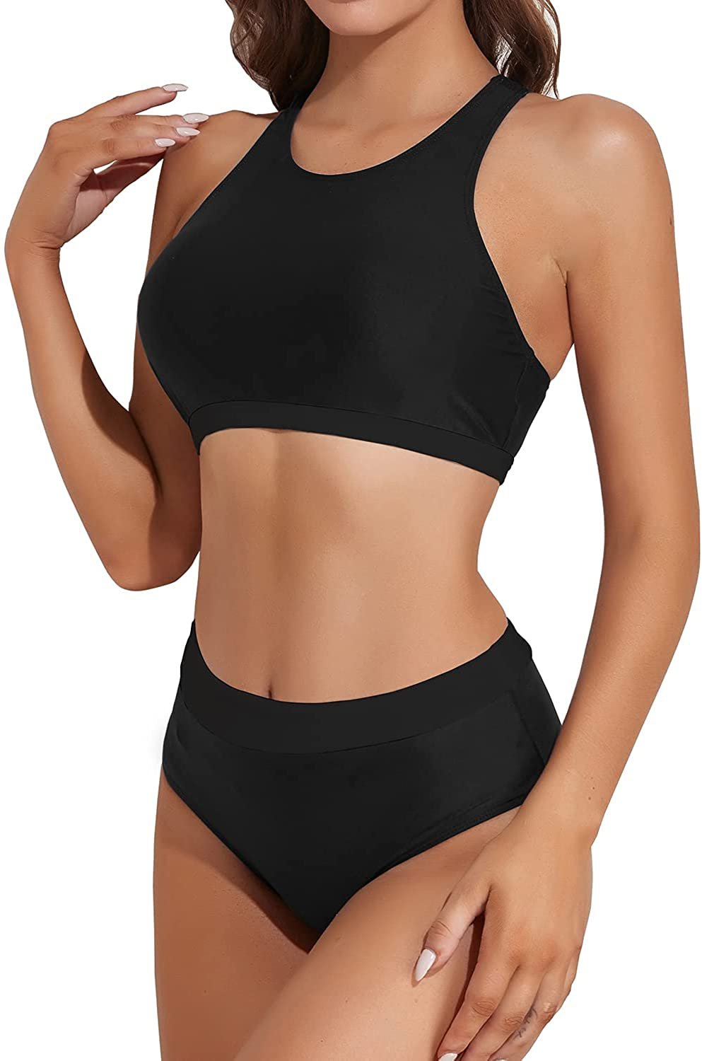 Tempt Me Women High Waisted Bikini High Neck Crop Top Two Piece Swimsuits Tummy Control Sporty Bathing Suits with Bottom Apparel & Accessories > Clothing > Swimwear Kylie Max   