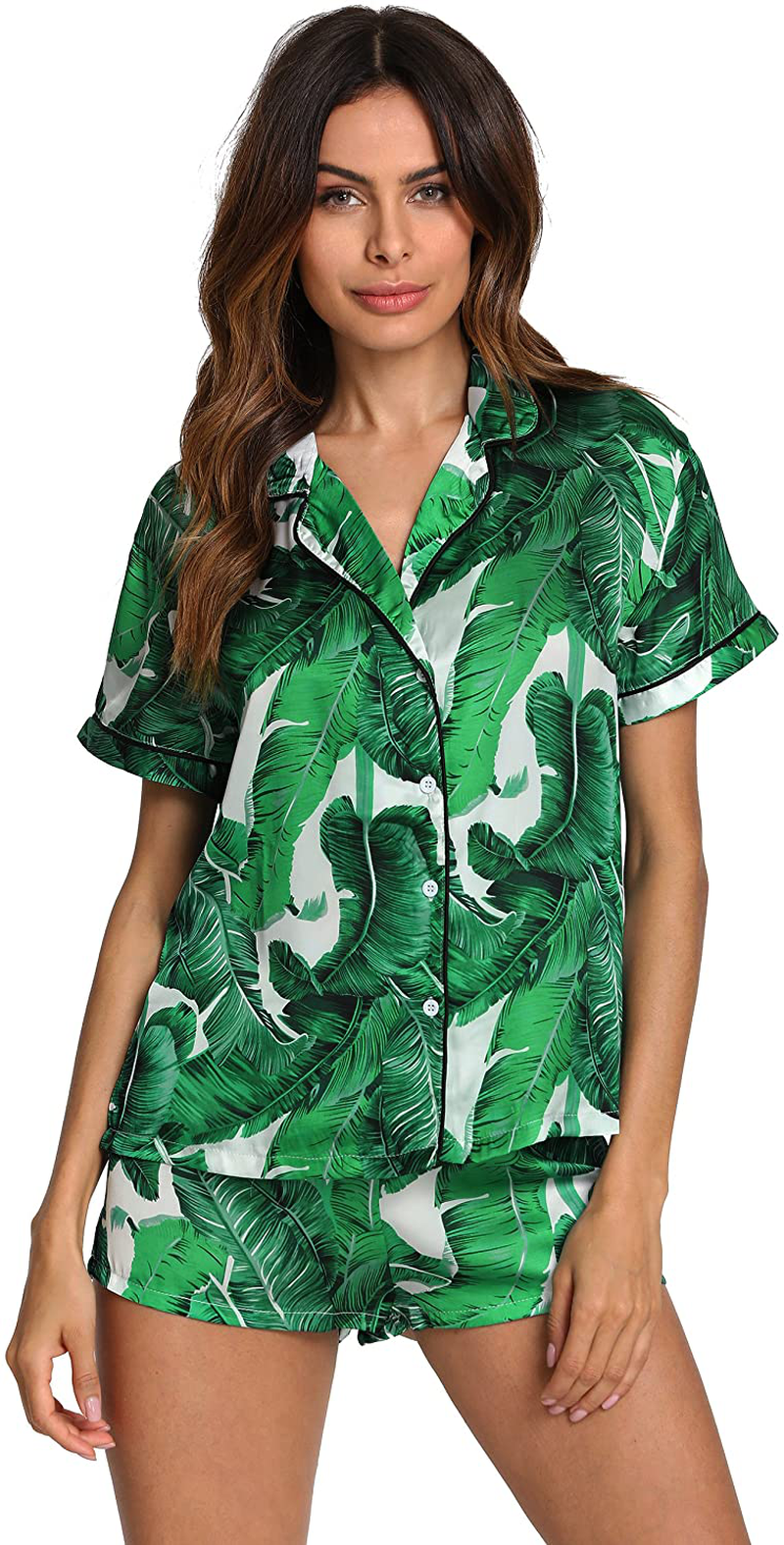 Floerns Women's Notch Collar Palm Leaf Print Sleepwear Two Piece Pajama Set Apparel & Accessories > Clothing > Sleepwear & Loungewear > Pajamas Floerns   