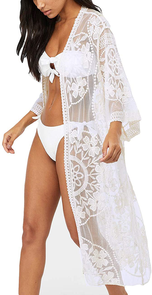 Bsubseach Women Sexy Lace Crochet Open Front Swimsuit Beach Long Kimono Cover Ups Apparel & Accessories > Clothing > Swimwear Kylie Max   