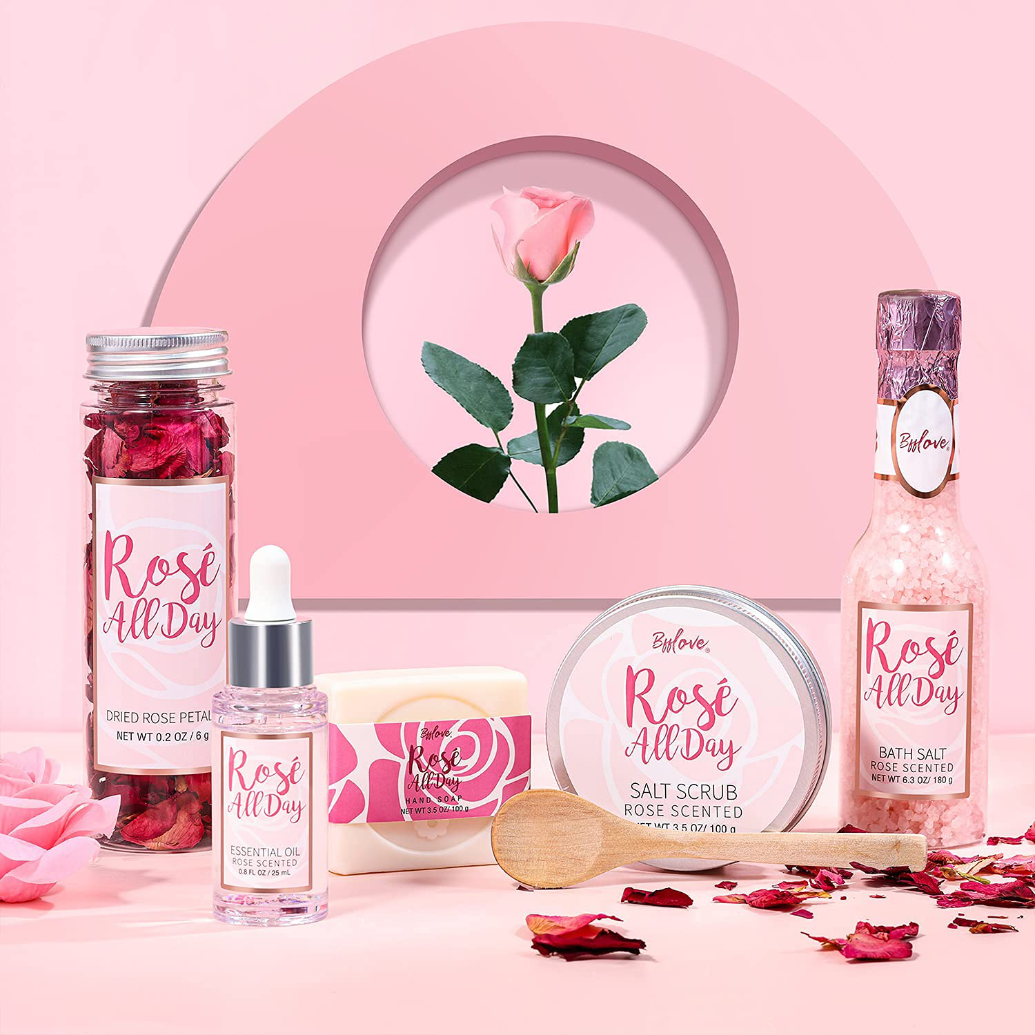 Spa Gifts for Women, Bath Gift Set with Rose Scent Gift Baskets for Women, Spa Kit Include Essential Oil, Bath Salt, Salt Scrub, Soap, Bath Petals, Christmas Gift Box for Her, 5 Pcs Spa Set Arts & Entertainment > Party & Celebration > Gift Giving # BFFLOVE   