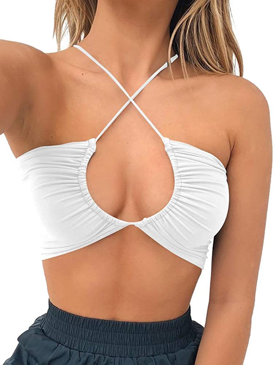 TOB Women'S Sexy Criss Cross Lace up Sling Basic Bow Tie Crop Top Apparel & Accessories > Clothing > Underwear & Socks > Lingerie TOB White Medium 