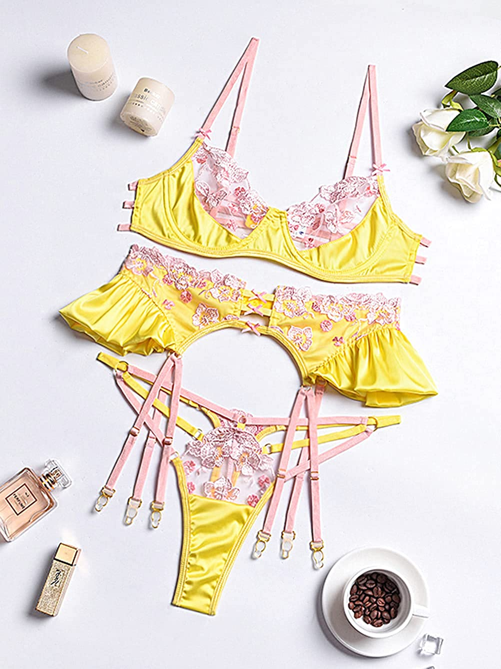 Kaei&Shi Floral Embroidered,Satin Patchwork,Underwire,Thong,Garter Belt Lingerie Apparel & Accessories > Clothing > Underwear & Socks > Lingerie Kaei&Shi   