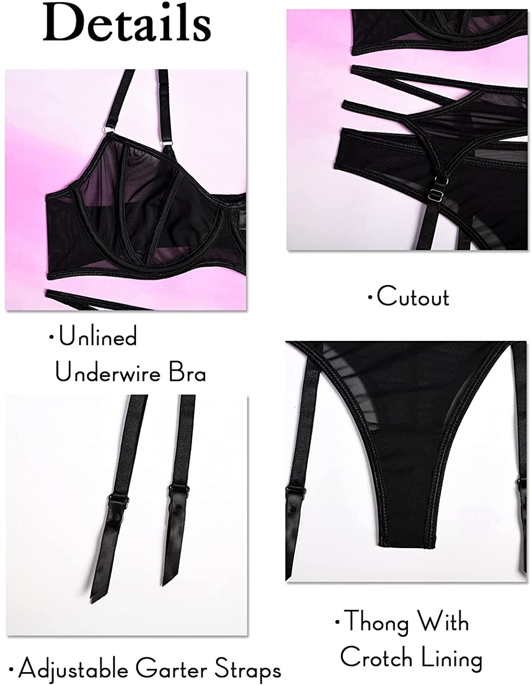 Kaei&Shi Sheer Mesh,Underwire,Cutout Thong,Garter Bet,3 Piece Lingerie Set Apparel & Accessories > Clothing > Underwear & Socks > Lingerie Kaei&Shi   