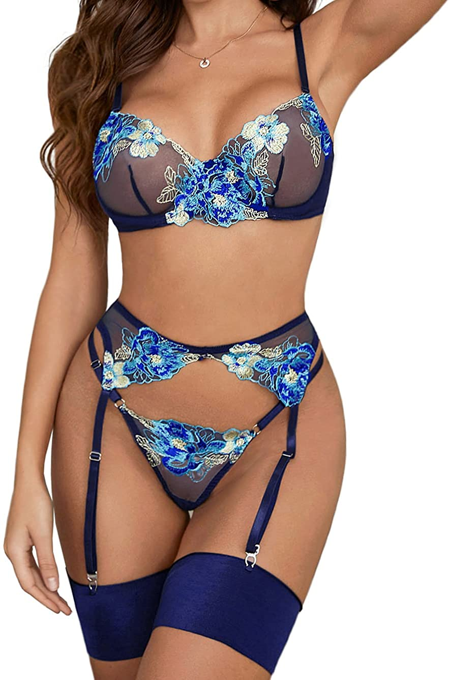 Kaei&Shi Floral Embroidered Lace Sheer,Underwire Bra,G-String,Thigh Bands,Garter Lingerie Set Apparel & Accessories > Clothing > Underwear & Socks > Lingerie Kaei&Shi Blue 10-12 