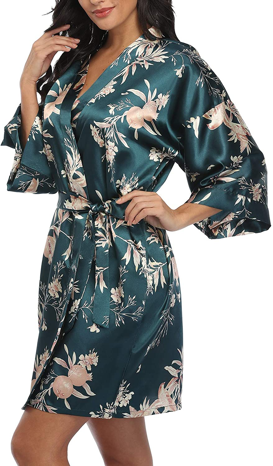 VOGMATE Women'S Floral Satin Short Robe for Bridesmaid Bride Silk Kimono Robe Dressing Gown for Wedding Party Apparel & Accessories > Clothing > Sleepwear & Loungewear > Robes VOGMATE Floral-deep Green X-Large 