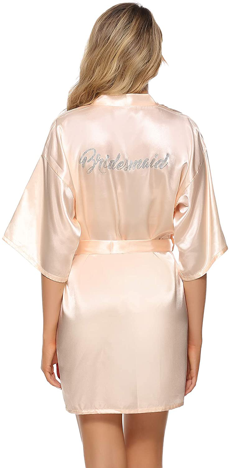 Vlazom Women'S Satin Robe Short Kimono for Bride & Bridesmaid Wedding Party Robes with Gold Glitter or Rhinestones Apparel & Accessories > Clothing > Sleepwear & Loungewear > Robes KYLIE MAX Champagne for Bridesmaid (Back in Rhinestones) XX-Large 