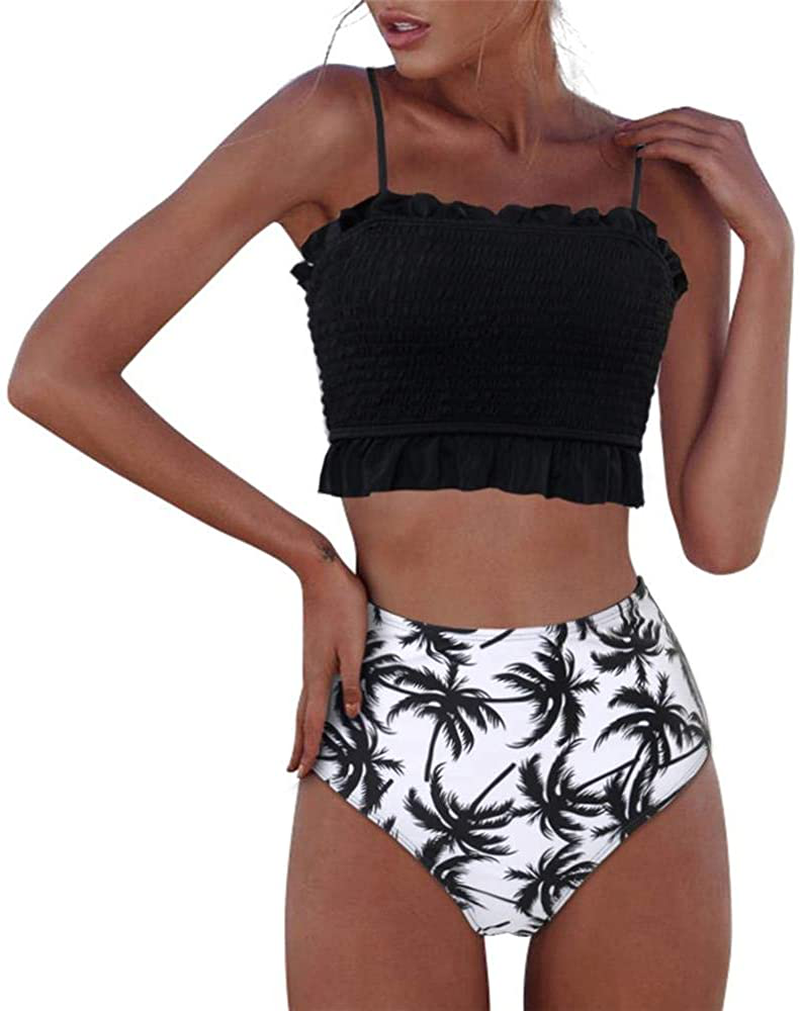 RXRXCOCO Womens Shirred Bandeau Bikini Cute Two Piece Swimsuit Off Shoulder High Waist Bathing Suit Apparel & Accessories > Clothing > Swimwear RXRXCOCO Black-2 Medium 