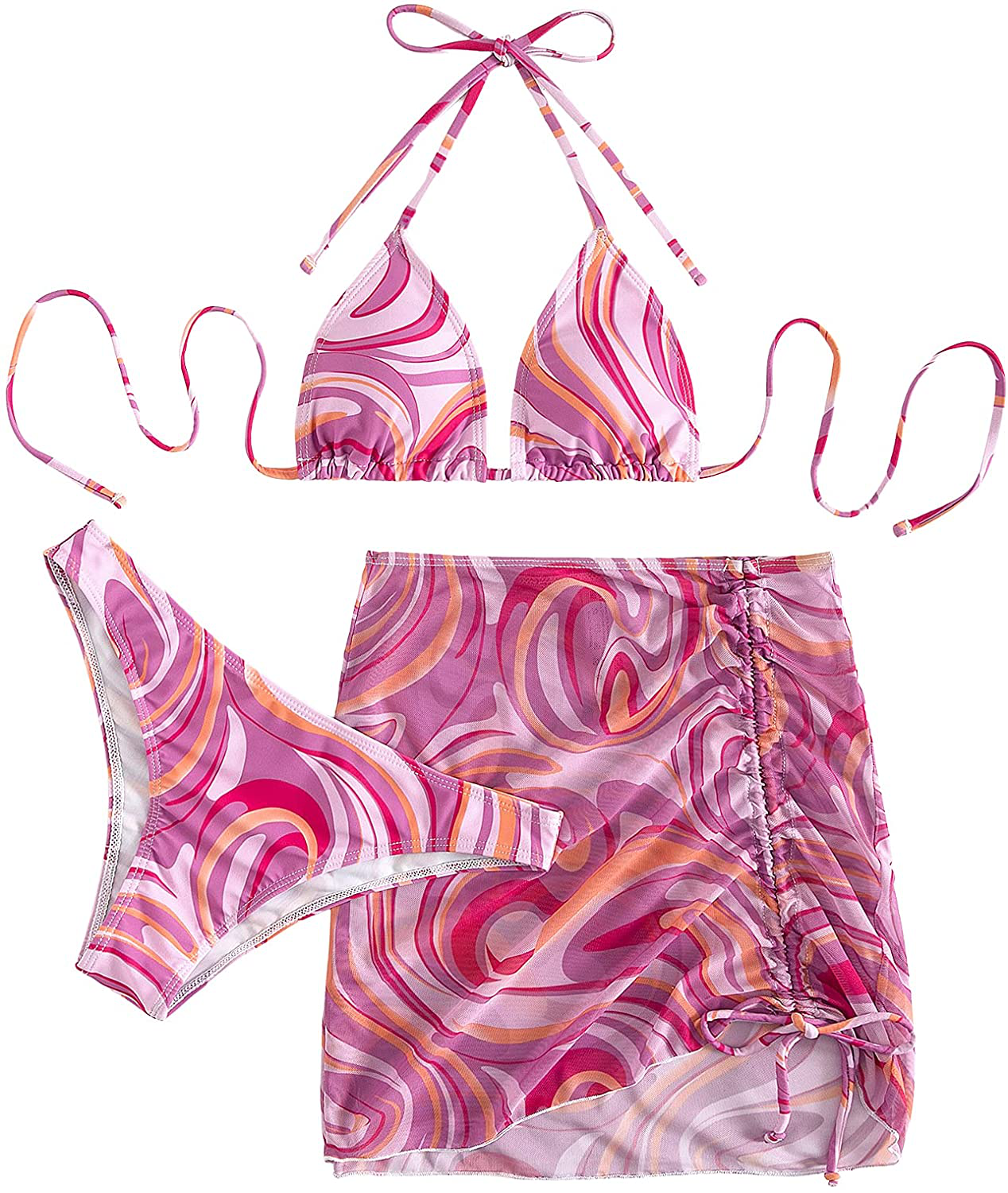SOLY HUX Women's Wrap Triangle Bikini Bathing Suits with Mesh Beach Skirt 3 Piece Swimsuits Apparel & Accessories > Clothing > Swimwear KYLIE MAX Purple Allover Print Small 