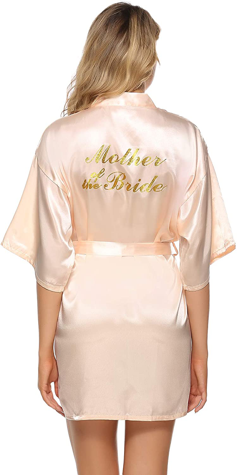 Vlazom Women'S Satin Robe Short Kimono for Bride & Bridesmaid Wedding Party Robes with Gold Glitter or Rhinestones Apparel & Accessories > Clothing > Sleepwear & Loungewear > Robes KYLIE MAX Champagne (Mother of Bride） Large 