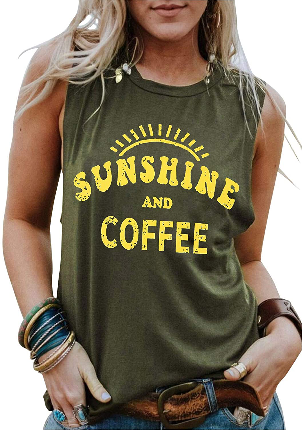 Umsuhu Sunshine and Coffee Tank Casual Summer Graphic Tank Tops for Women Sleeveless Graphic Tank Tops Tee Shirts Apparel & Accessories > Clothing > Activewear Kylie Max   