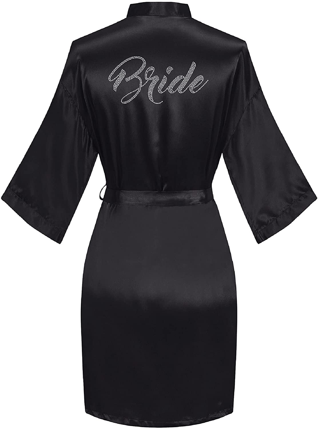 Sunshinemall Women'S Satin Kimono Robes with Rhinestones Bride Bridesmaid Short Sleepwear Wedding Dressing Gown Apparel & Accessories > Clothing > Sleepwear & Loungewear > Robes sunshinemall Bride-black Large-X-Large 