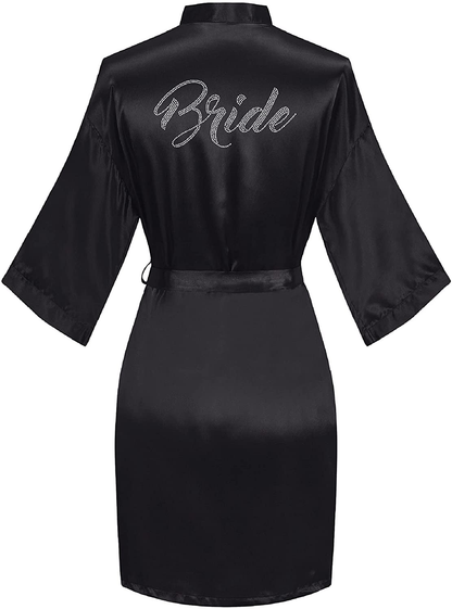 Sunshinemall Women'S Satin Kimono Robes with Rhinestones Bride Bridesmaid Short Sleepwear Wedding Dressing Gown Apparel & Accessories > Clothing > Sleepwear & Loungewear > Robes sunshinemall Bride-black Large-X-Large 