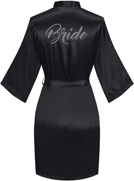 Sunshinemall Women'S Satin Kimono Robes with Rhinestones Bride Bridesmaid Short Sleepwear Wedding Dressing Gown Apparel & Accessories > Clothing > Sleepwear & Loungewear > Robes sunshinemall Bride-black Large-X-Large 