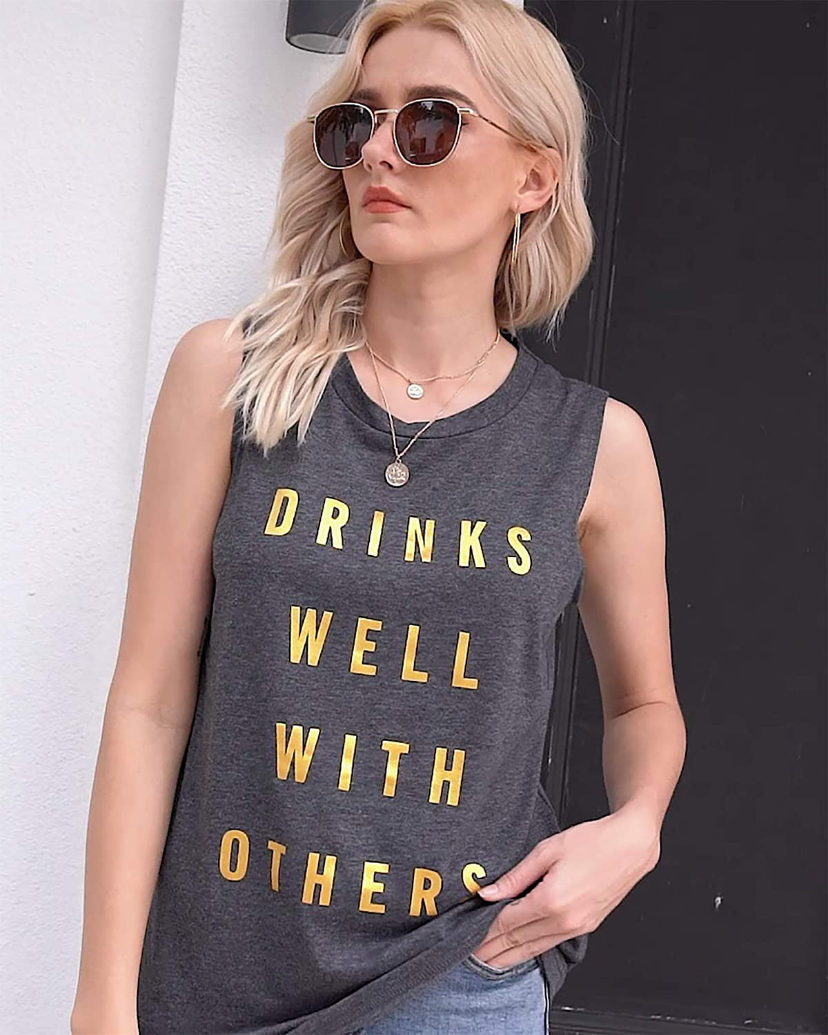 Drinks Well with Others Muscle Tank Tops Womens Funny Drinking Alcohol Sleeveless Letter Printed Graphic Tee Shirt Tops Apparel & Accessories > Clothing > Activewear Kylie Max   