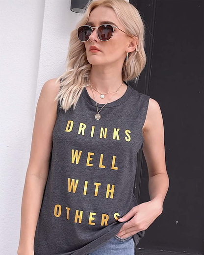 Drinks Well with Others Muscle Tank Tops Womens Funny Drinking Alcohol Sleeveless Letter Printed Graphic Tee Shirt Tops Apparel & Accessories > Clothing > Activewear Kylie Max   