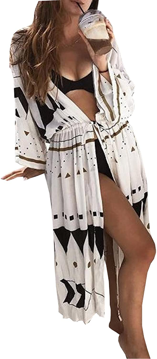 Wander Agio Womens Bikini Cover Ups Beach Casual Dress Coverup Swimsuits Long Cardigan Buttons Chiffon Apparel & Accessories > Clothing > Swimwear Kylie Max Triangle Pattern  