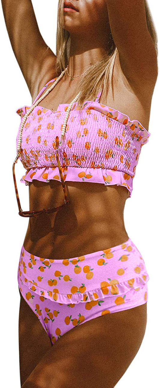 Dokotoo Women Cute High Waist Strapless Smocked Bikini Sets Swimsuit Bathing Suit  Kylie Max   