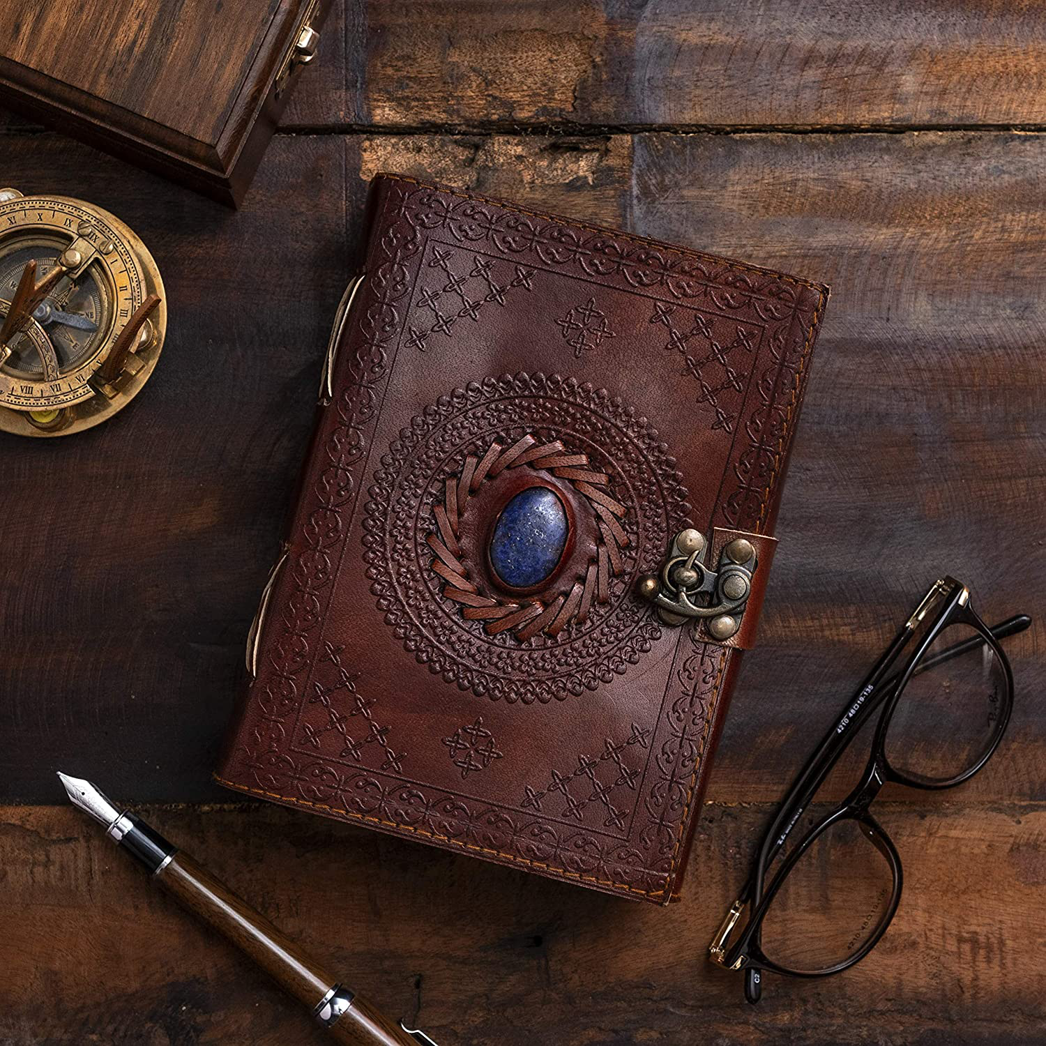 Large Leather Journal with Semi Precious Stone - Lock Closure, 240 pages Antique Deckle Edge Paper - Book of Shadows, Grimoire Journal, Witch Journal for Men and Women - 11.5" x 8.25" Arts & Entertainment > Party & Celebration > Gift Giving NomadCraftsCo.   