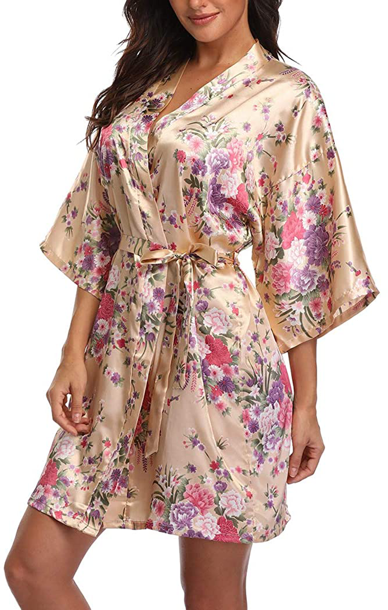 VOGMATE Women'S Floral Satin Short Robe for Bridesmaid Bride Silk Kimono Robe Dressing Gown for Wedding Party Apparel & Accessories > Clothing > Sleepwear & Loungewear > Robes VOGMATE   
