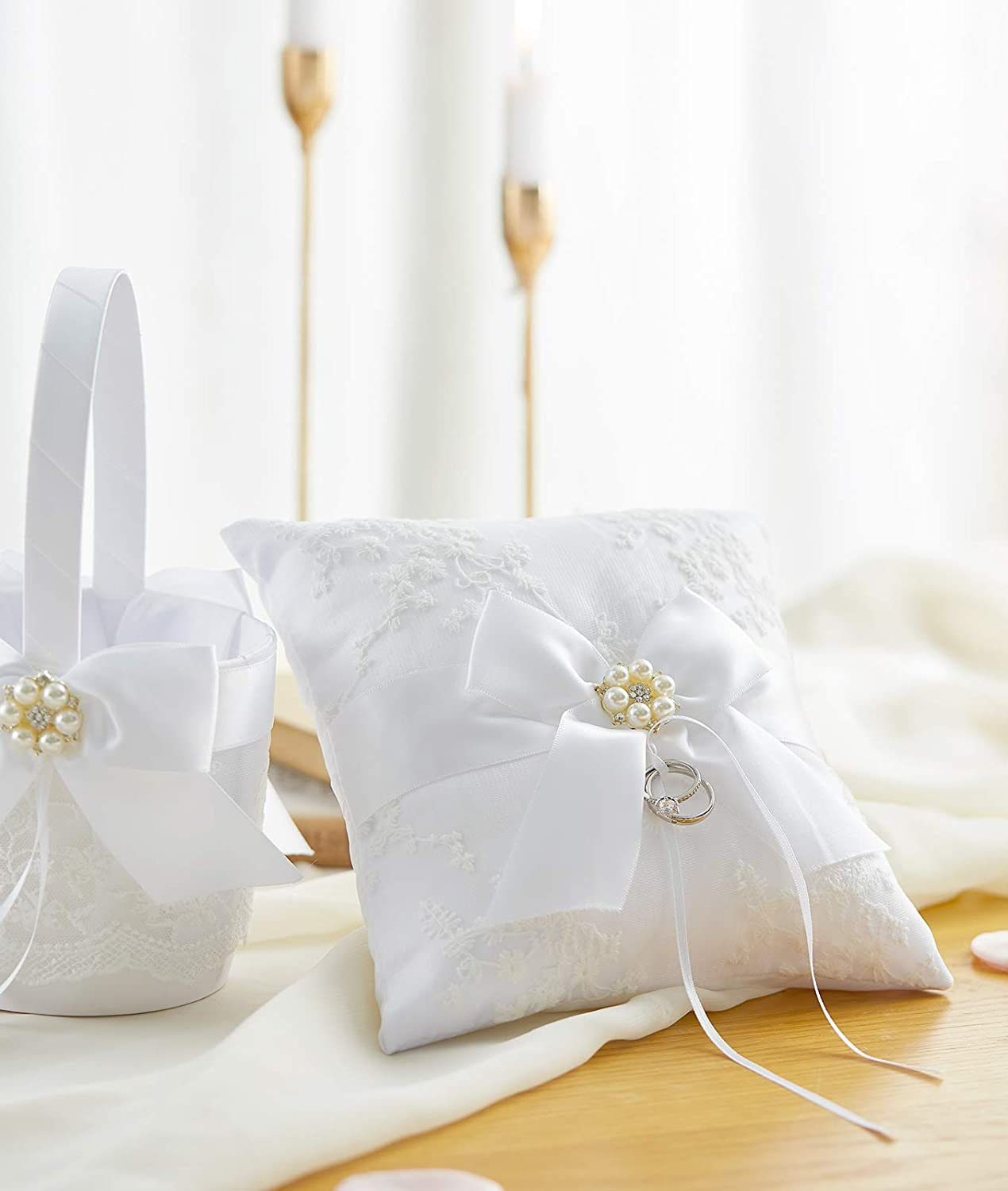 ATAILOVE Wedding Flower Girl Basket and Ring Bearer Pillow Set, Satin Bow Lace Rhinestone Collection (White) Apparel & Accessories > Clothing > Underwear & Socks > Lingerie ATAILOVE   