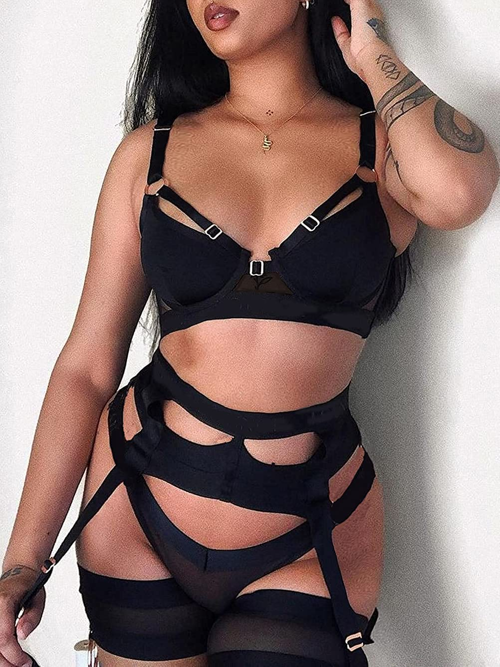 Garter Lingerie for Women,Sexy Lace Lingerie,Sheer Matching 4 Piece Lingerie Set Apparel & Accessories > Clothing > Underwear & Socks > Lingerie Kaei&Shi   