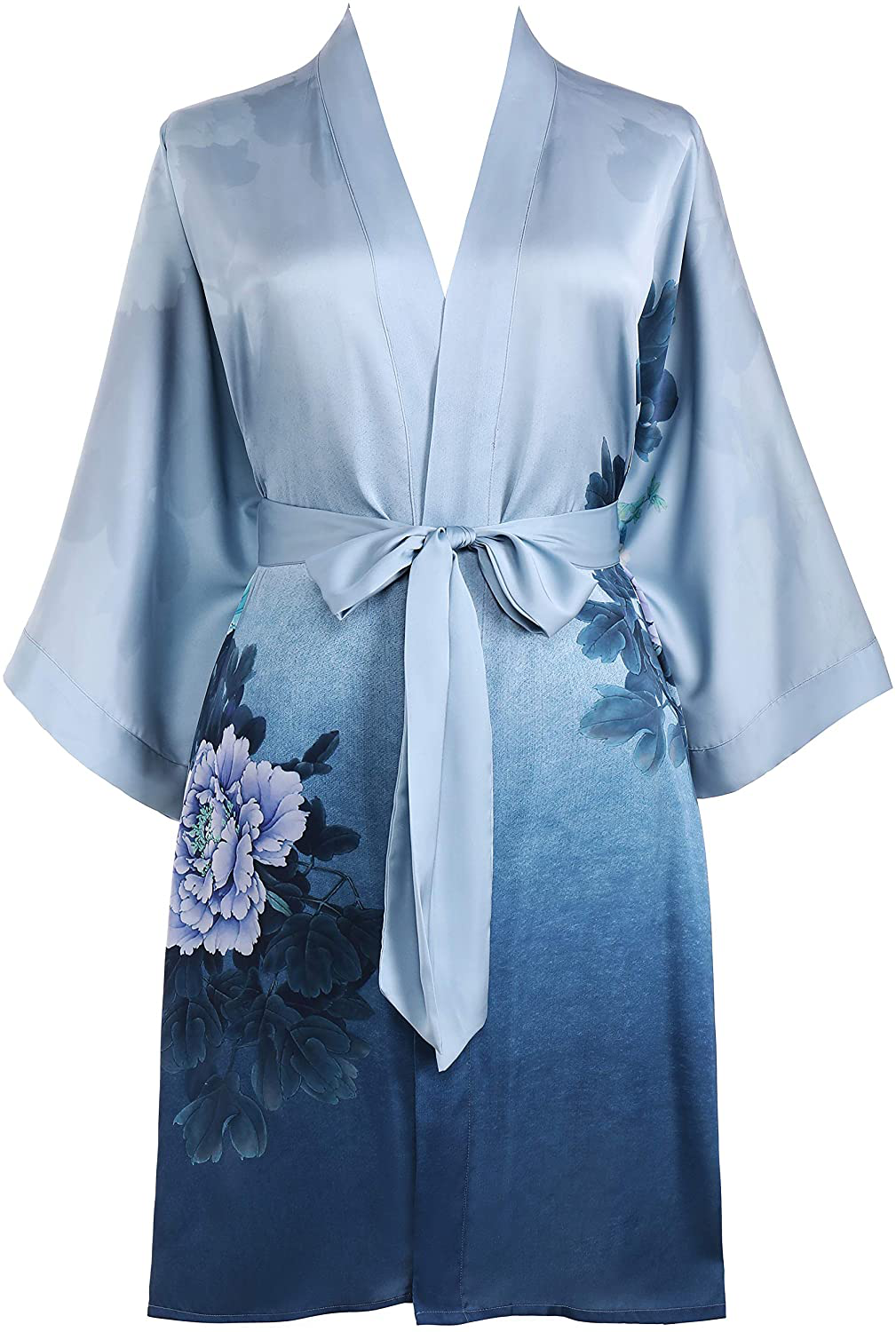 PRODESIGN Short Kimono Robe Satin Sleepwear Silky Kimono Nightgown Bathrobe Floral Kimono Cardigan Cover Up Apparel & Accessories > Clothing > Sleepwear & Loungewear > Robes KYLIE MAX Gradient Blue  