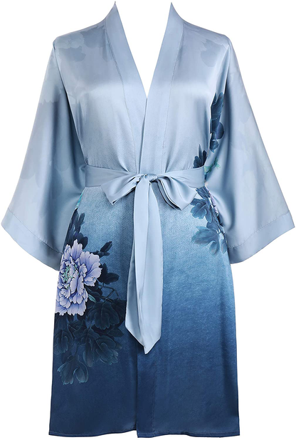 PRODESIGN Short Kimono Robe Satin Sleepwear Silky Kimono Nightgown Bathrobe Floral Kimono Cardigan Cover Up Apparel & Accessories > Clothing > Sleepwear & Loungewear > Robes KYLIE MAX Gradient Blue  