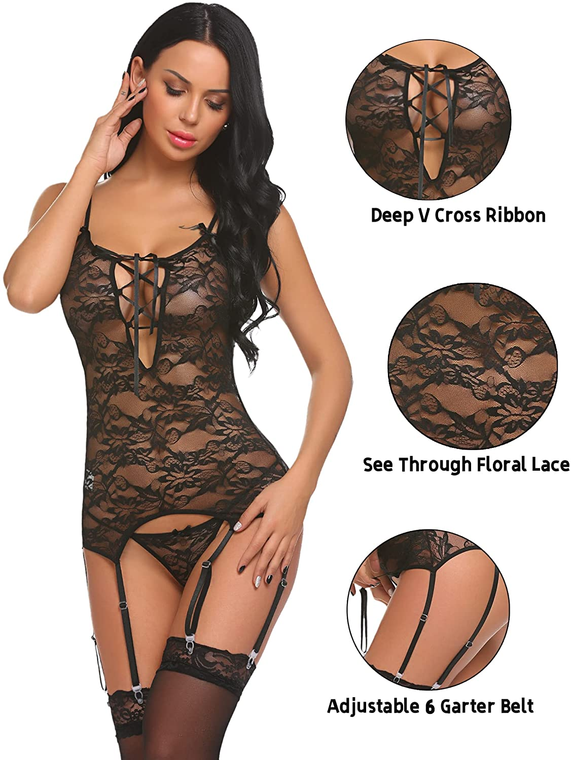 Avidlove Women Lace Bodysuit Lingerie Set Babydoll Chemise with Garter Belts Apparel & Accessories > Clothing > Underwear & Socks > Lingerie Avidlove   